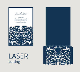Cutout envelope for wedding invitation card with lace border ornament. Template for laser cutting. Place for text.