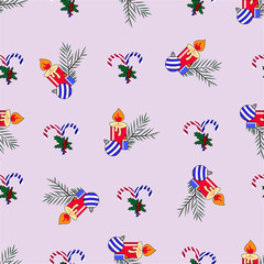 Cute festive pattern with elements for New Year and Christmas sweets, multi-colored packaging, sweets. Candles and Christmas tree branches.Vector illustration.