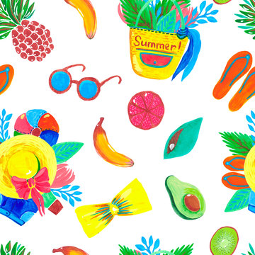 Seamless pattern women summer accessories for travel and the beach tropical avocado fruit on white background Watercolor illustration