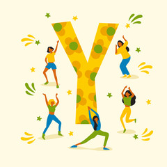 Uppercase letter with young men and women dancing together : Vector Illustration