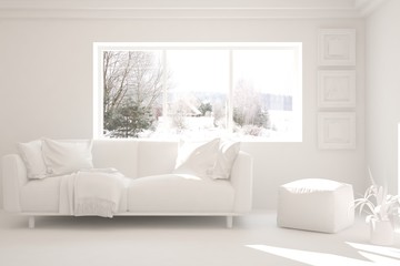 Fototapeta premium Mock up of stylish room in white color with sofa and winter landscape in window. Scandinavian interior design. 3D illustration