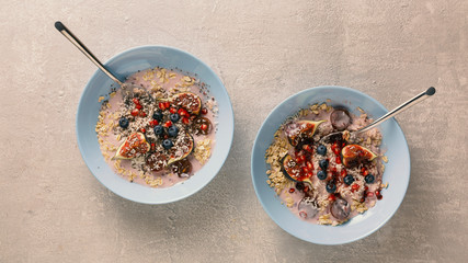 Healthy nutrition is the key to longevity. Oatmeal with yogurt and fruit.