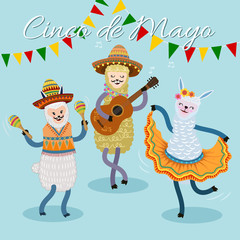 Cinco de mayo festival card with cute alpaca singing and dancing.