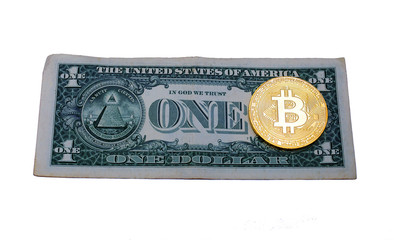 bitcoin lies on a one-dollar bill, isolate white background