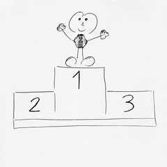 Stick figure winner on a winner's pedestal - Drawing