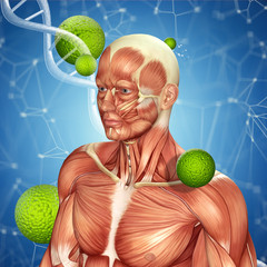 3d render of a medical background with male over virus cells and DNA strand