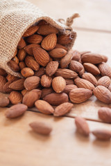 Close up raw peeled almonds seed in sack on wooden background..