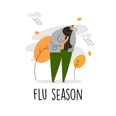 Funny vector cartoon illustration of man with bad cough. Flu season.