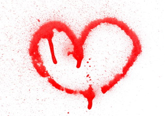Red spray stain, graffiti heart isolated on white background, clipping path - obrazy, fototapety, plakaty