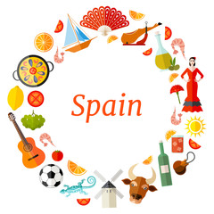 Fototapeta premium Round frame made from traditional symbols of Spain. Vector wreath with place for text. Template that theme travel to Spain.
