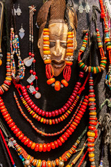 Handmade colored jewelry at a market of Marrakesh.