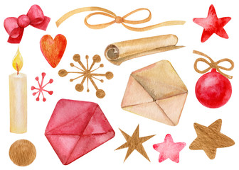 set of drawn elements on a white background, watercolor illustration, christmas