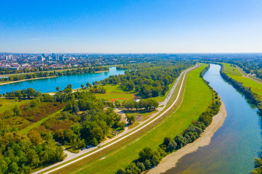 Aerial drone panoramic view of beautiful Jarun lake, sunny summer day, Zagreb, Croatia