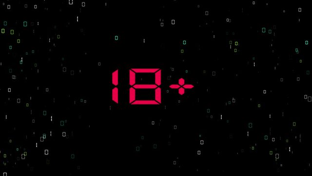 Animated 18+ inscription on white grunge background.Glitch effect text