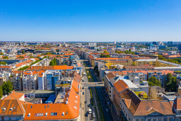 Obraz premium Aerial drone view of cathedral and city centre on sunny summer day, Zagreb, Croatia