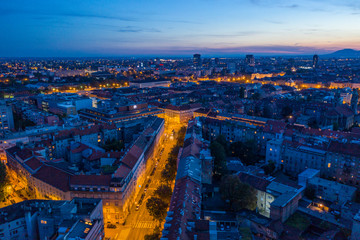 Fototapeta na wymiar Aerial drone night view of city centre on summer day, Zagreb, Croatia