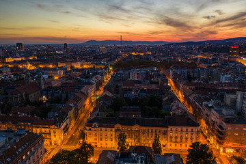 Aerial drone night view of city centre on summer day, Zagreb, Croatia
