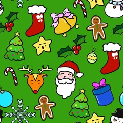 Christmas character symbol seamless pattern on green background.