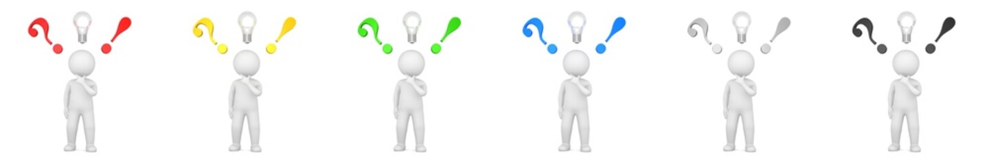 question mark ideas light bulb exclamation point asking answering man 3d render red black green blue