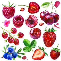 Watercolor illustration, set. Raspberries, raspberries on a branch, strawberries, cherry berries, cherry bone, cherry berries on a branch, blueberries on a branch, pink spots.