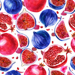 Watercolor illustration, pattern. Figs and pomegranate on white background.