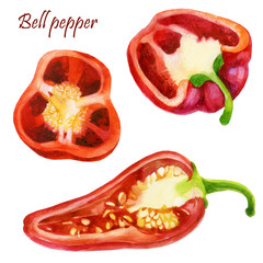 Watercolor illustration, set. Red pepper. Half a bell pepper.