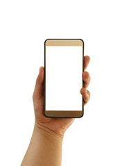 Hand of man hold a blank smartphone isolated on white background.