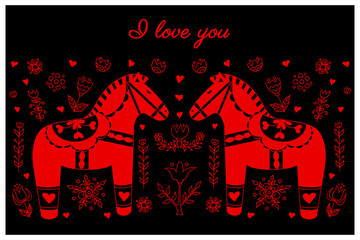 Dalecarlian horse symbol of Sweden, illustration for love card