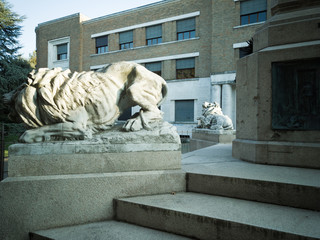 Statues of lions, in front of the Dante Alighieri high school in Ravenna, Italy.