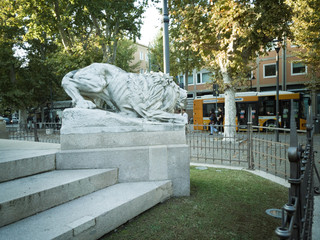 Statues of lions, in front of the Dante Alighieri high school in Ravenna, Italy.