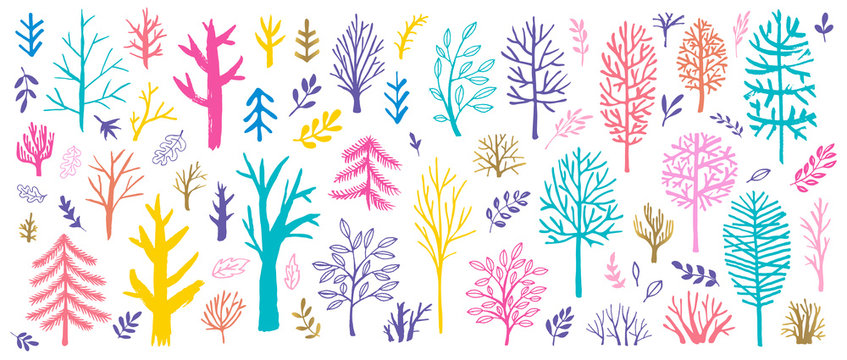 Tree Christmas tree bushes forest color golden brush strokes sketch markers pen. Floral leaf different plants bush collection. Hand drawn vector illustration.
