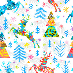 Seamless pattern deer Christmas tree decoration forest stars snowflakes. New Year colorful landscape sketch design wallpaper fabric texture. Hand drawn vector illustration.