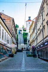 Funicular and medieval Lotrscak tower in Zagreb, Croatia in early summer morning, popular touristic destination