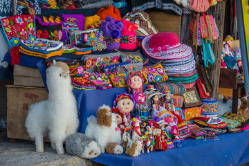 Tourist market with souvenirs in Maca (Peru)