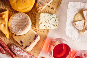 Red wine with different kinds of cheese, charcuterie assortment, crackers, grapes, nuts