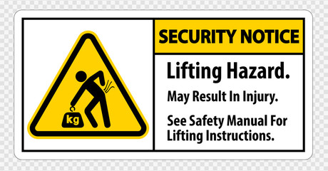 Lifting Hazard,May Result In Injury, See Safety Manual For Lifting Instructions Symbol Sign Isolate on transparent Background,Vector Illustration