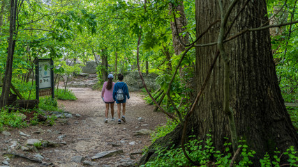 Mother and teen daughter walking down path