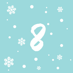 Vector Christmas advent calendar. Winter holidays poster with date 8 december. Cute day decoration. Snowflake background.