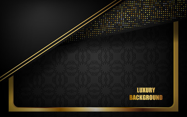 Abstract luxury black background overlap layer on dark space with golden lines combinations for use element cover, banner, brochure, and flyer. Texture with golden glitters dots element decoration.