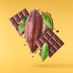 Delicious Chocolate flying in the air. High resolution levitation concept