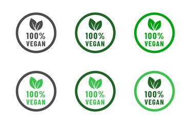 100% vegan food diet icon set. Organic, bio, eco symbols. Vegan, no meat, lactose free, healthy, fresh and nonviolent food. Round green vector illustrations with leaves for stickers, labels and logos