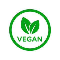 Vegan food diet icon. Organic, bio, eco symbol. Vegan, no meat, lactose free, healthy, fresh and nonviolent food. Round green vector illustration with leaves for stickers, labels and logos