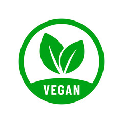 Vegan food diet icon. Organic, bio, eco symbol. Vegan, no meat, lactose free, healthy, fresh and nonviolent food. Round green vector illustration with leaves for stickers, labels and logos
