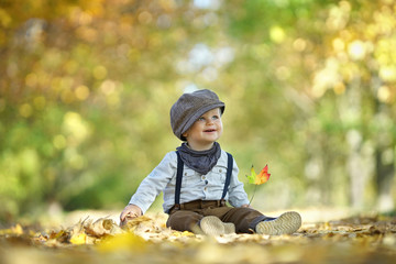 fröhlicher Junge im Herbst Park
