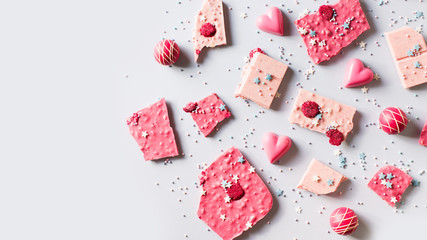 Bar of ruby or pink chocolate flat lay