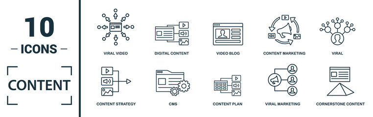 Content icon set. Include creative elements cms, content plan, digital content, viral marketing, media plan icons. Can be used for report, presentation, diagram, web design