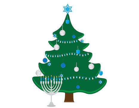 Hanukkah Bush with Blue White Decorations and Menorah with Blue White Candles on White Background
