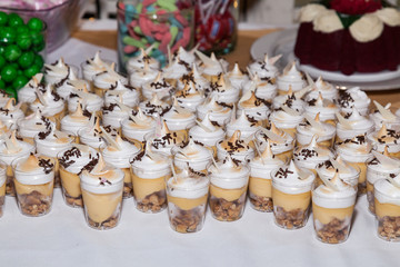 Mini desserts in individual portions for guests at the reception.