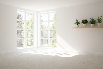 Empty room in white color. Scandinavian interior design. 3D illustration