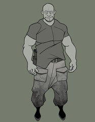 Fototapeta na wymiar sketch of a cartoon funny brutal muscular man in camouflage pants